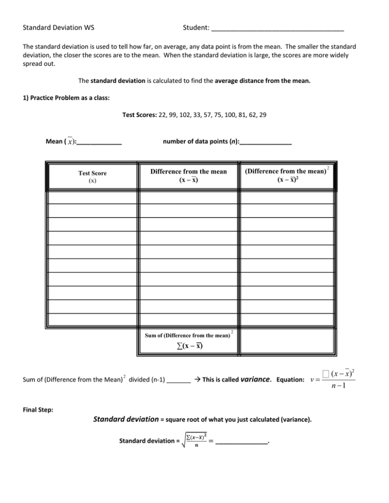 Standard Deviation Worksheet Answers Db excel