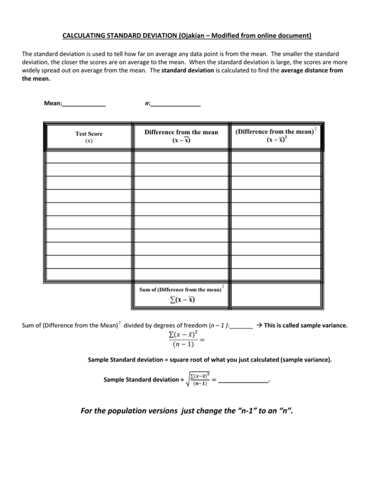 Calculating Standard Deviation Worksheet