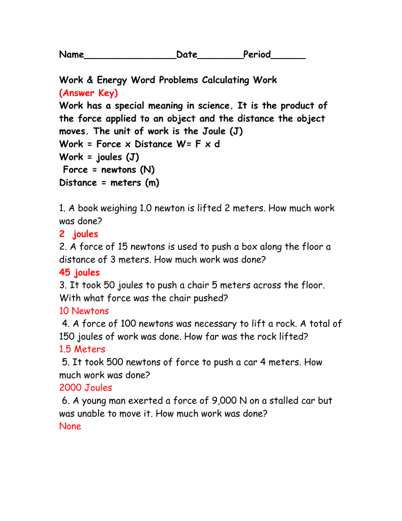 Calculating Work Worksheetanswer Key