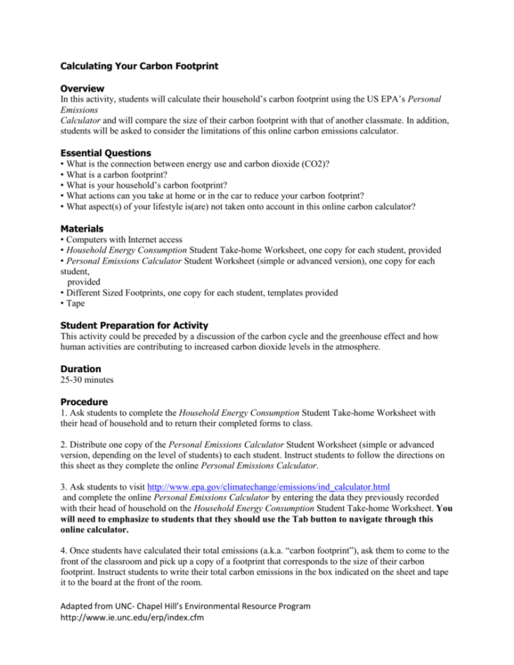 Ecological Footprint Calculator Worksheet