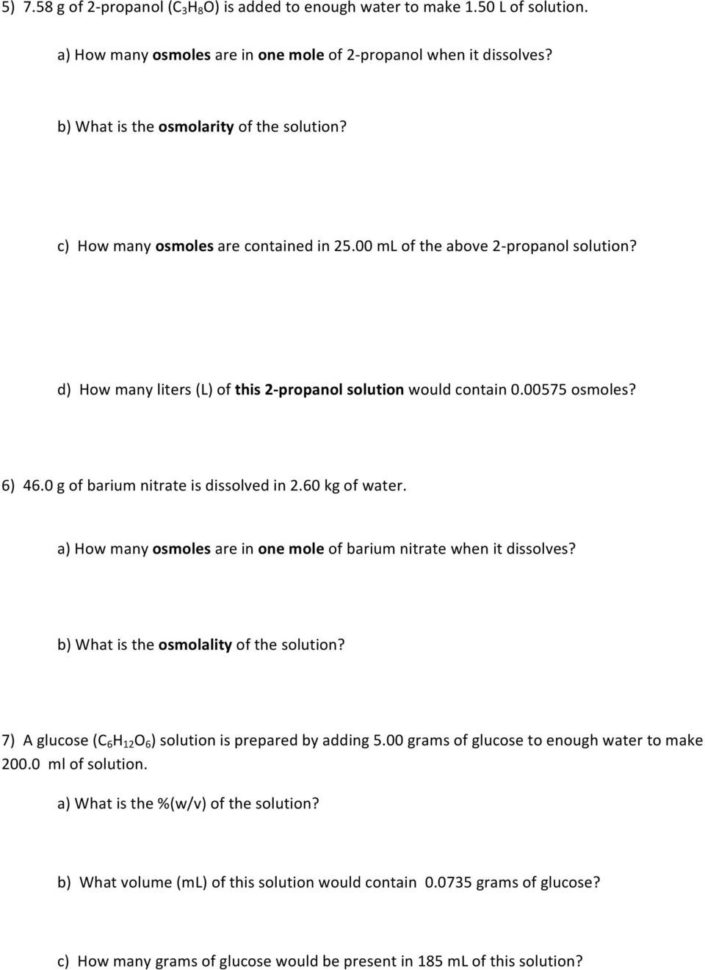 Calculations For Solutions Worksheet And Key  Pdf