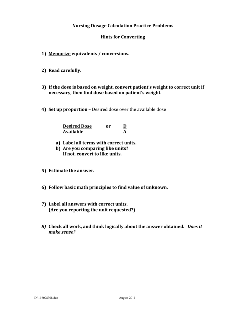 Calculations Worksheet