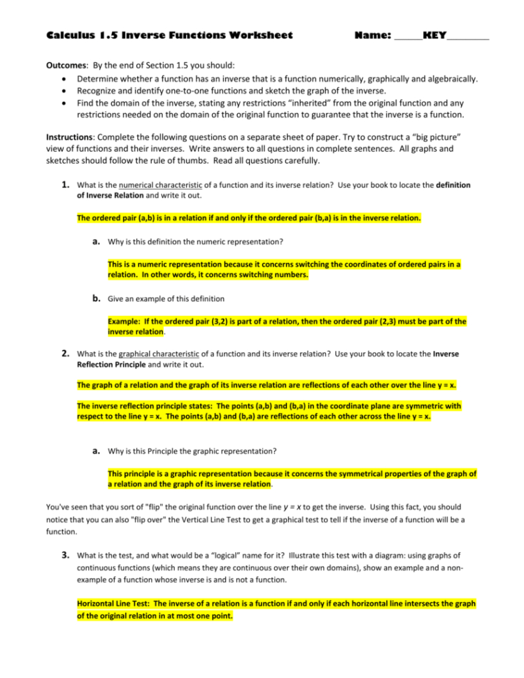 Calculus 15 Inverse Functions Worksheet Name