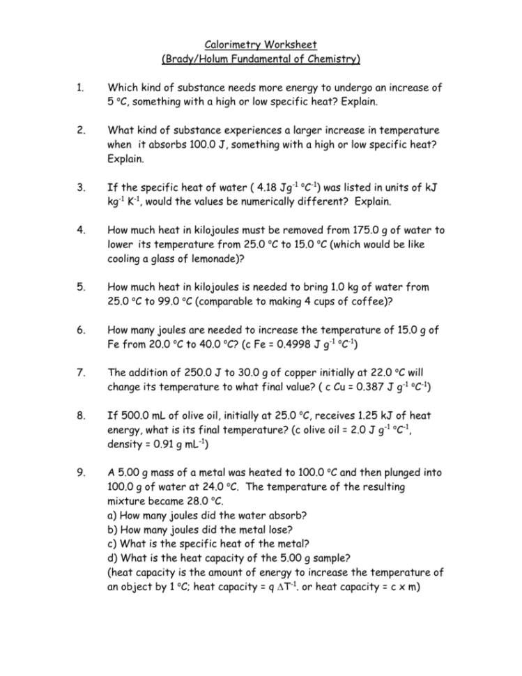 Calorimetry Worksheet
