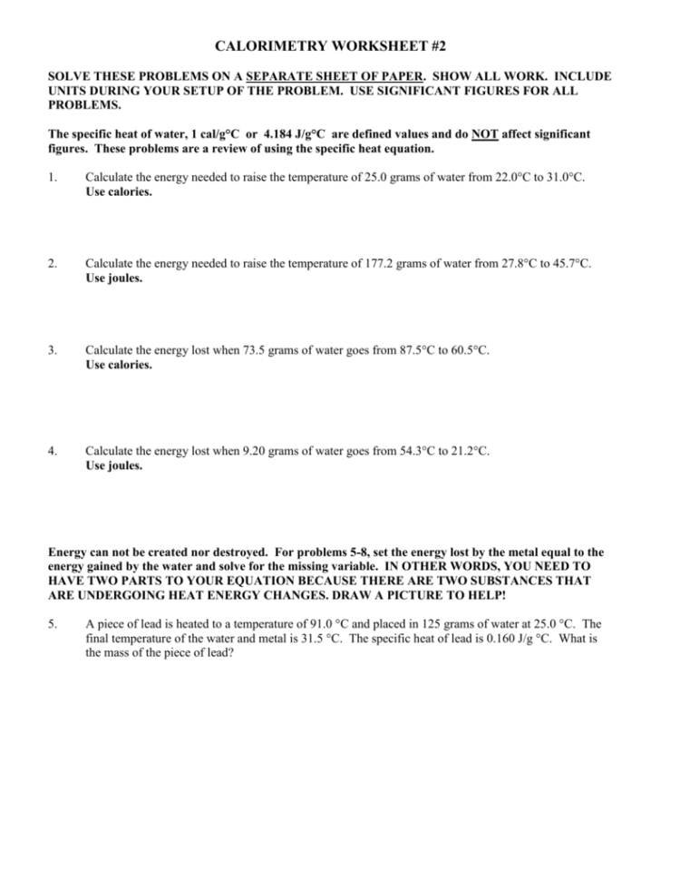 Calorimetry Worksheet 2