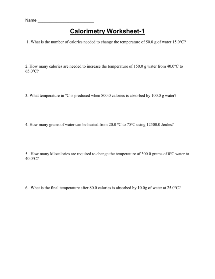 calorimetry homework worksheet answers