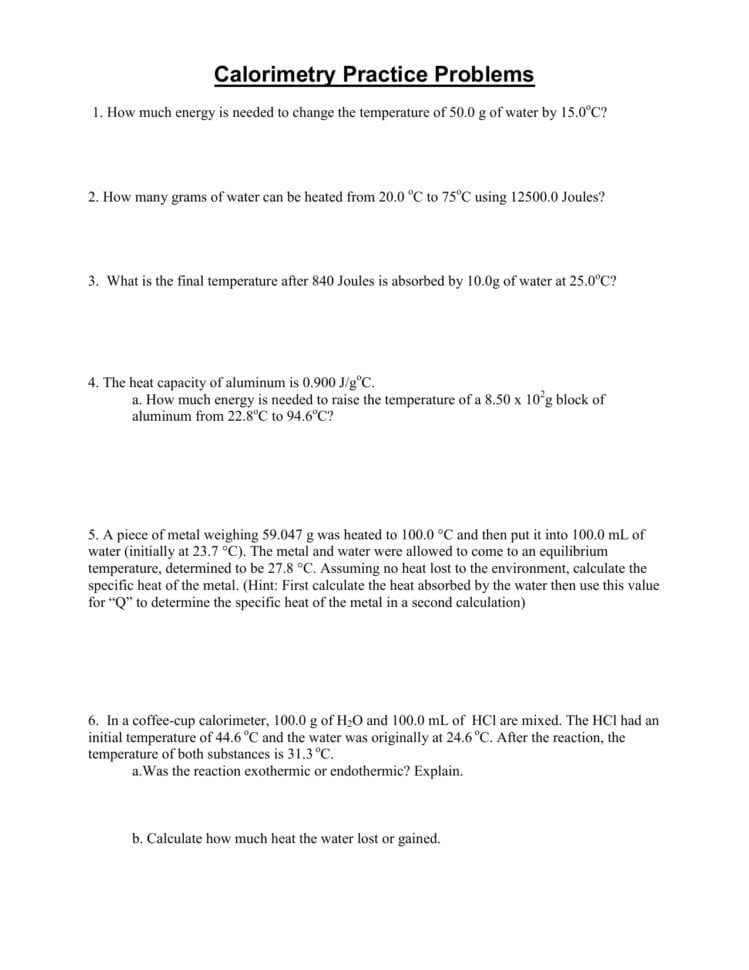Calorimetry Worksheet