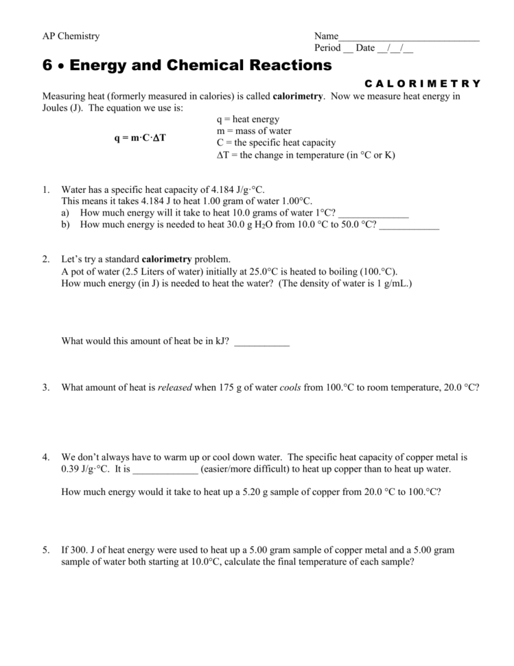 Calorimetry Worksheet  Mrs Stotts Chemistry