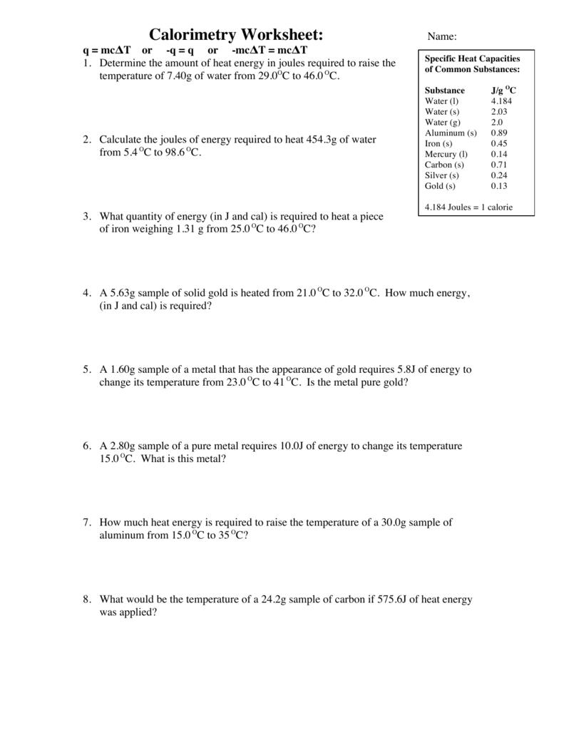 Calorimetry Worksheet
