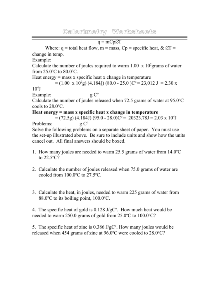 calorimetry homework worksheet answers