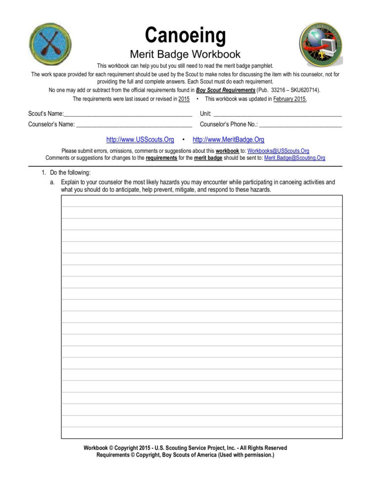 Canoeing Merit Badge Worksheet  Us  Service