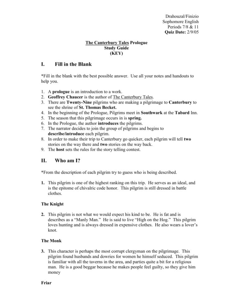 Canterbury Tales Prologue Key Canterbury Tales Prologue Key