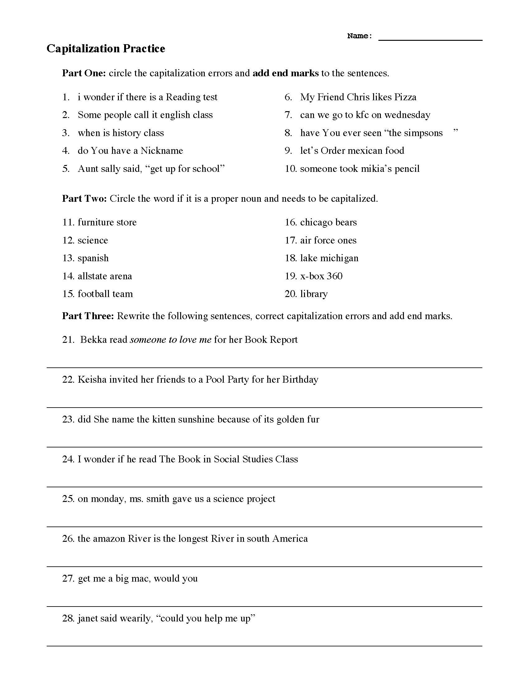 Capitalization Practice Worksheet  Answers