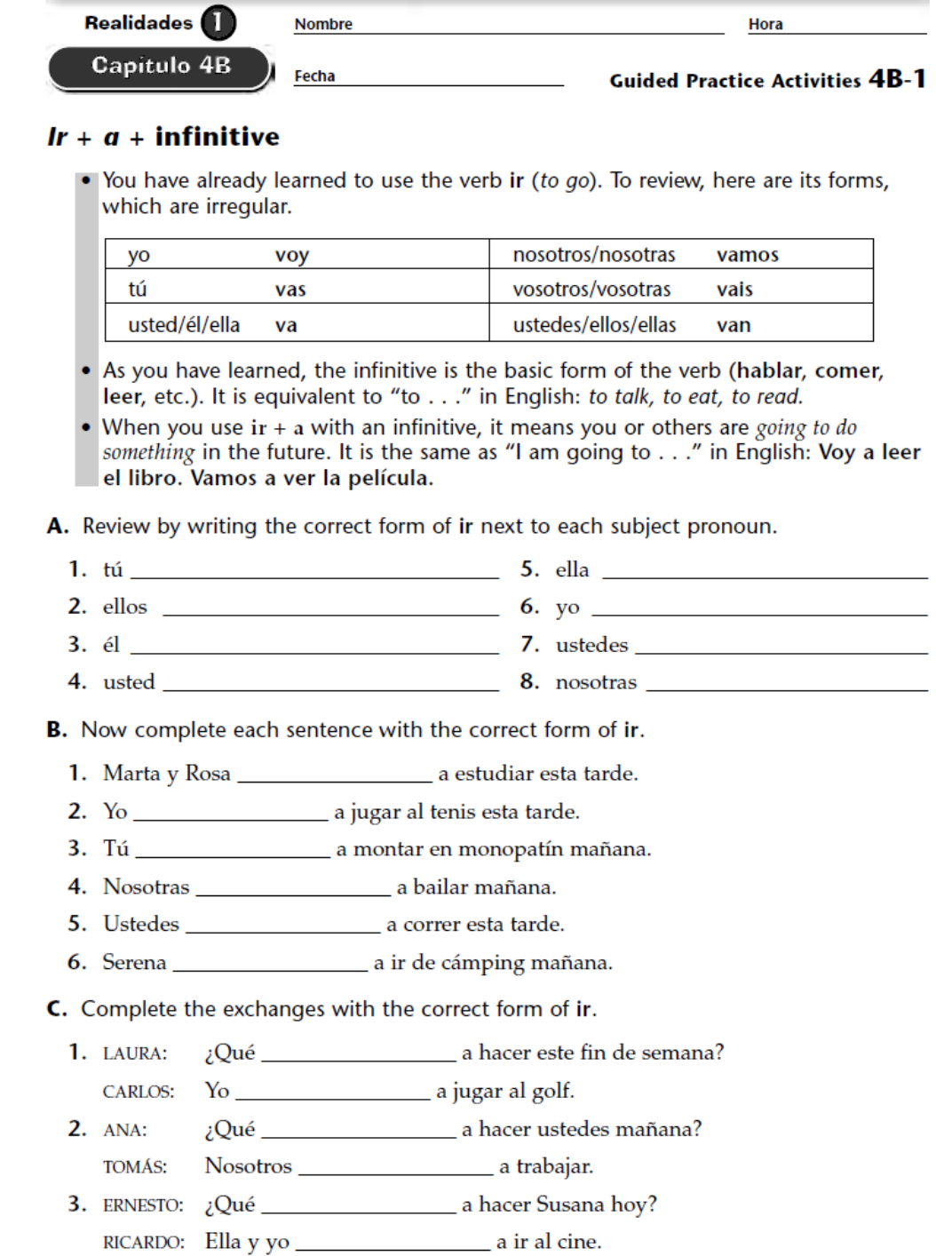 Ir A Infinitive Worksheet