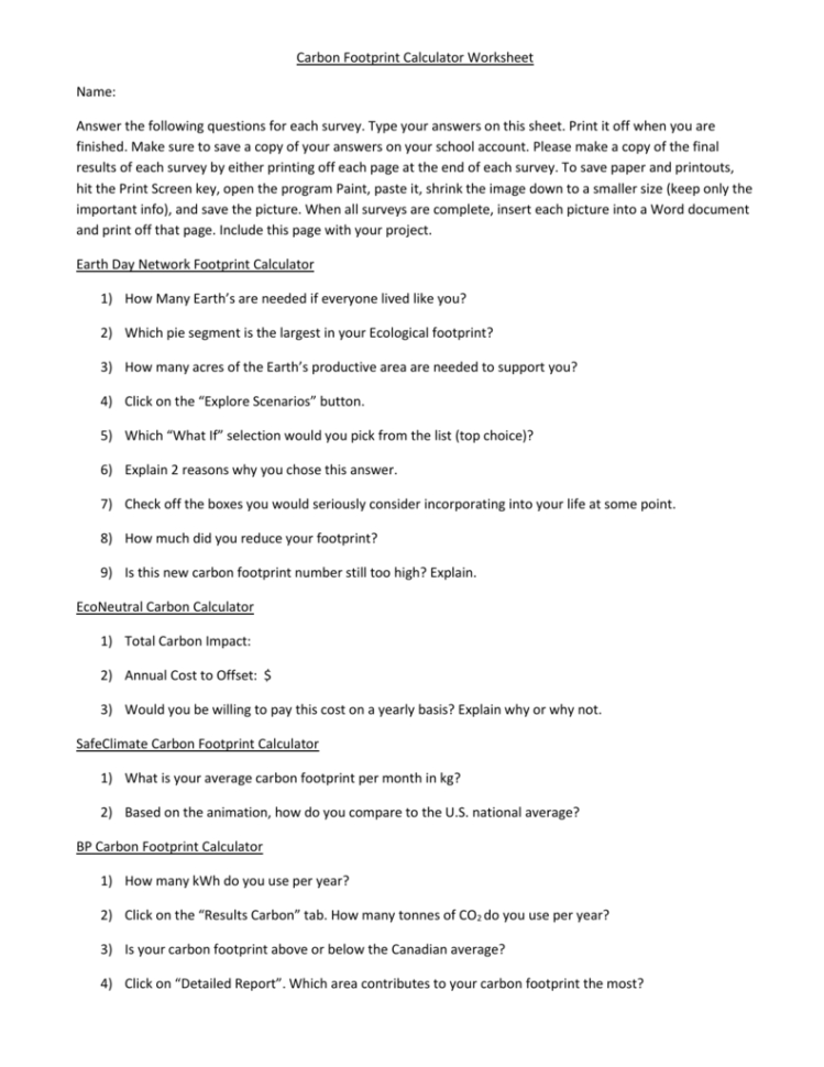 Ecological Footprint Calculator Worksheet