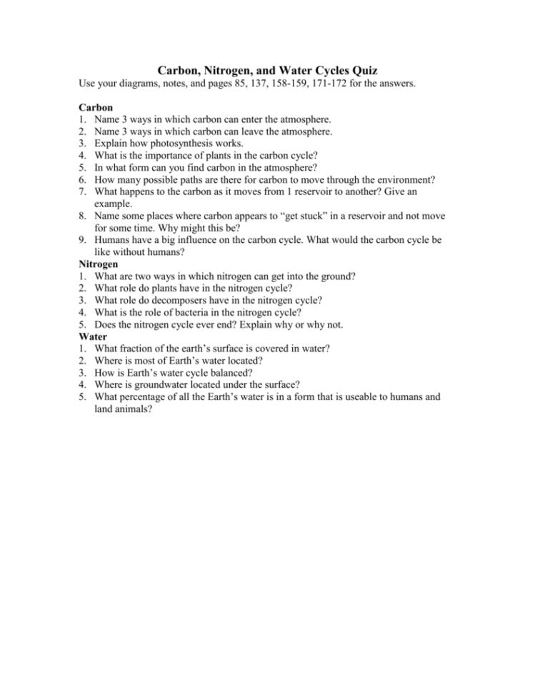 Carbon Nitrogen And Ter Cycles Quiz