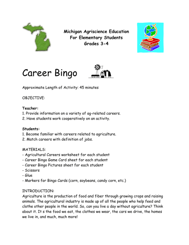 Career Bingo  Agriscience Education For Elementary