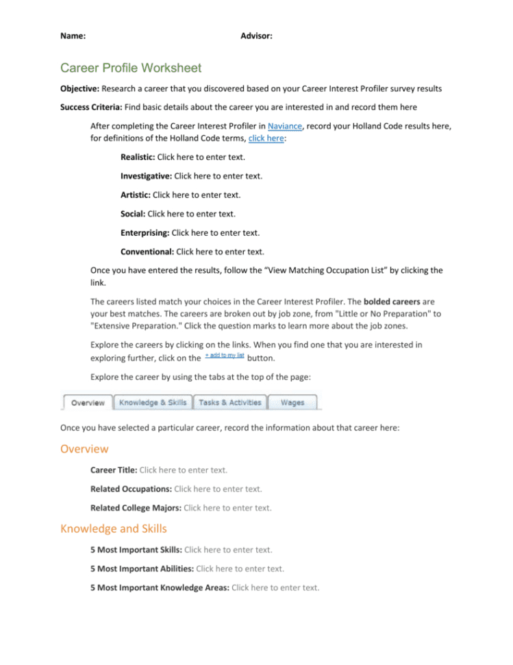 Career Profile Worksheet