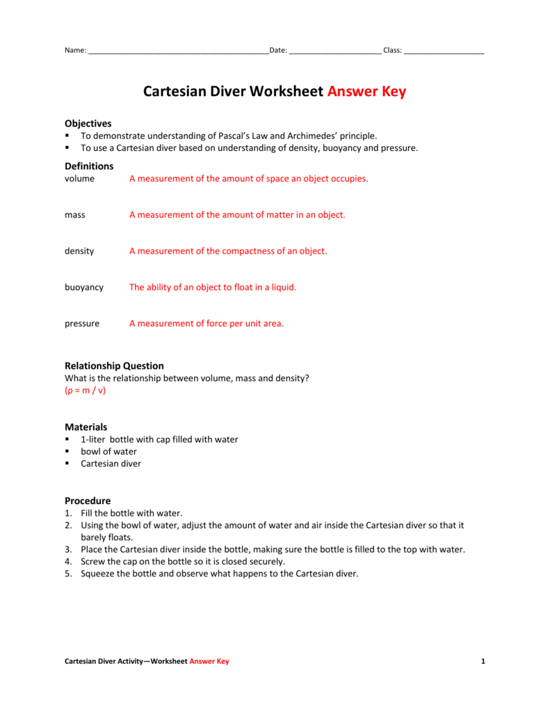 Cartesian Diver Worksheet Answer Key