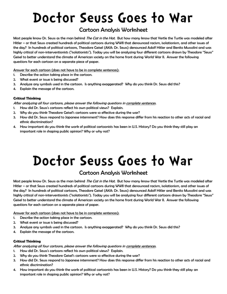 Cartoon Analysis Worksheet Most People Know Dr Seuss As The