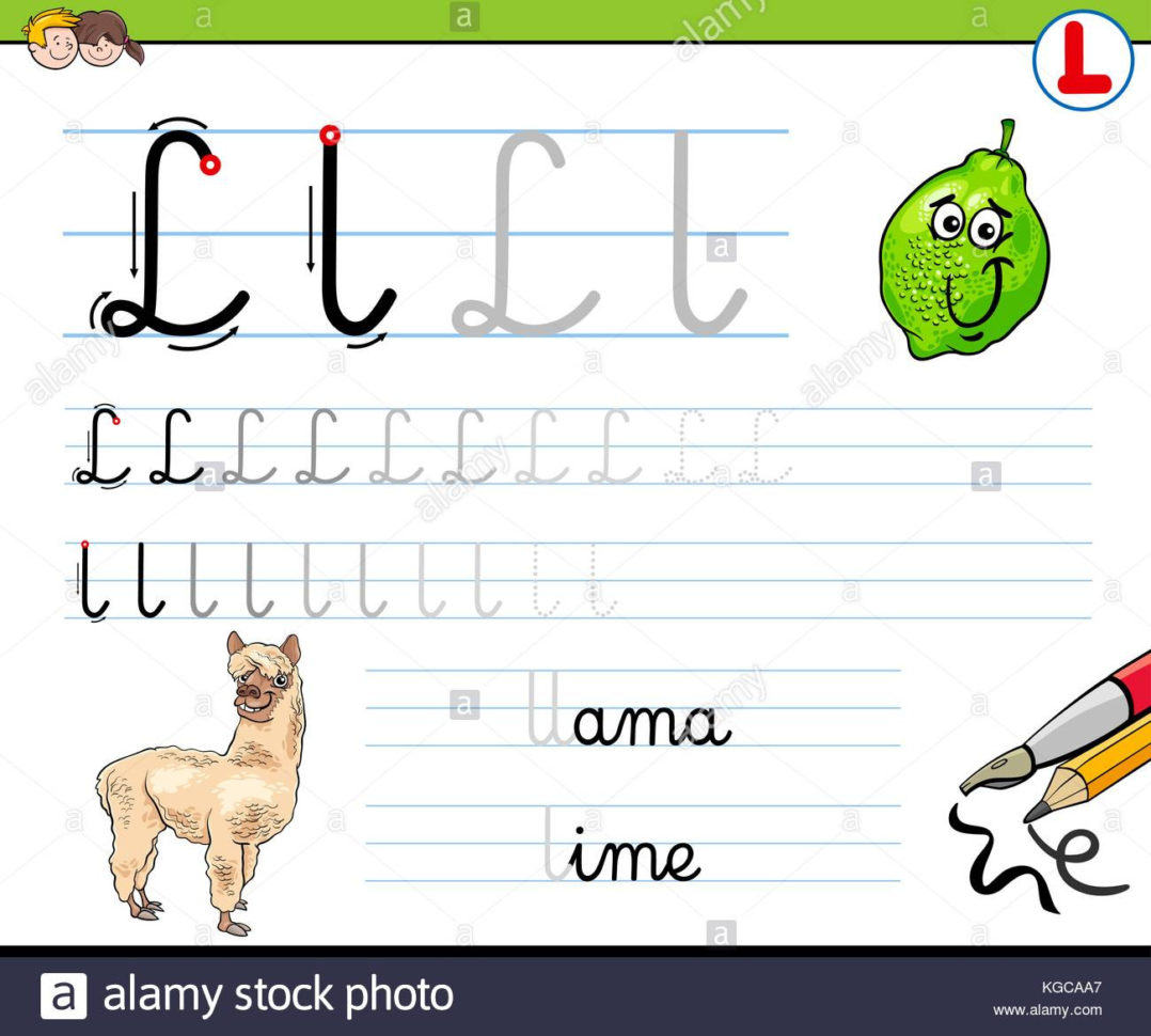 Cartoon Illustration Of Writing Skills Practice With Letter