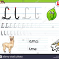 Cartoon Illustration Of Writing Skills Practice With Letter