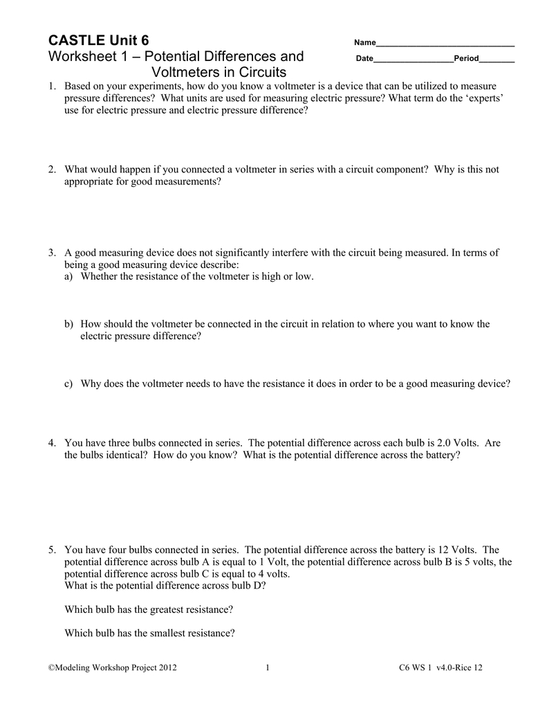 Castle Unit 6 Worksheet 1 – Potential Differences And Voltmeters