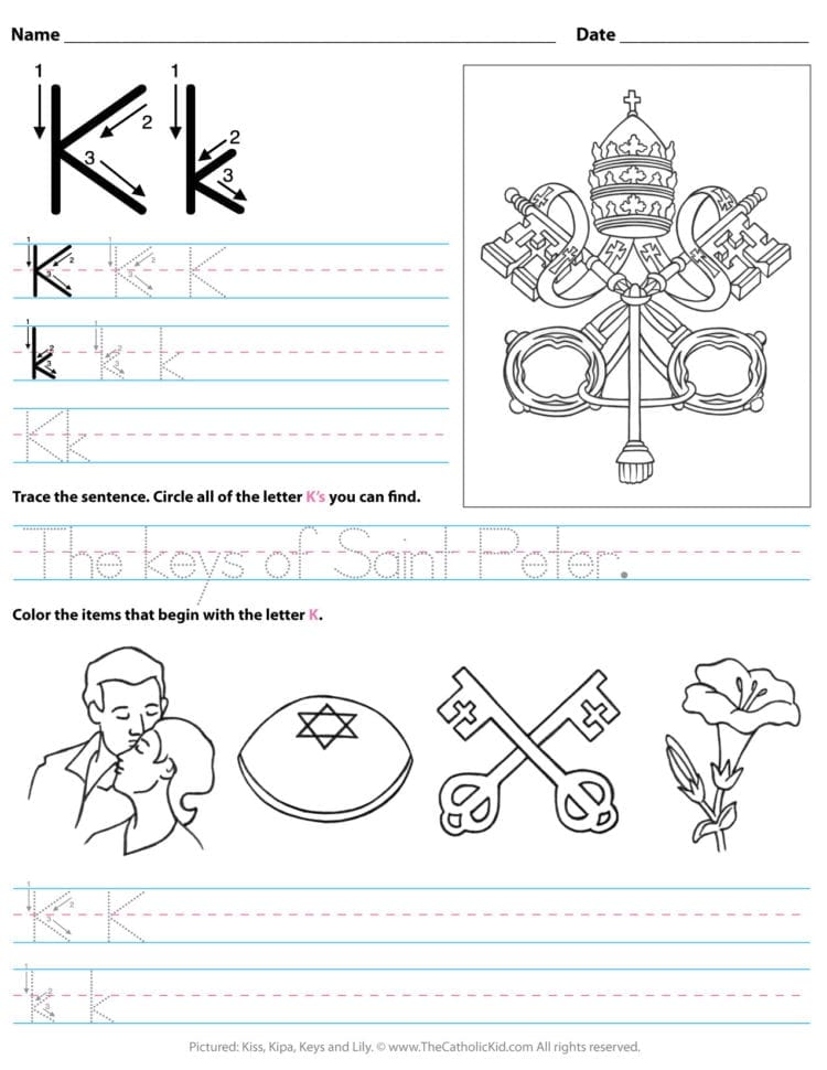 Catholic Alphabet Letter K Worksheet Preschool Kindergarten
