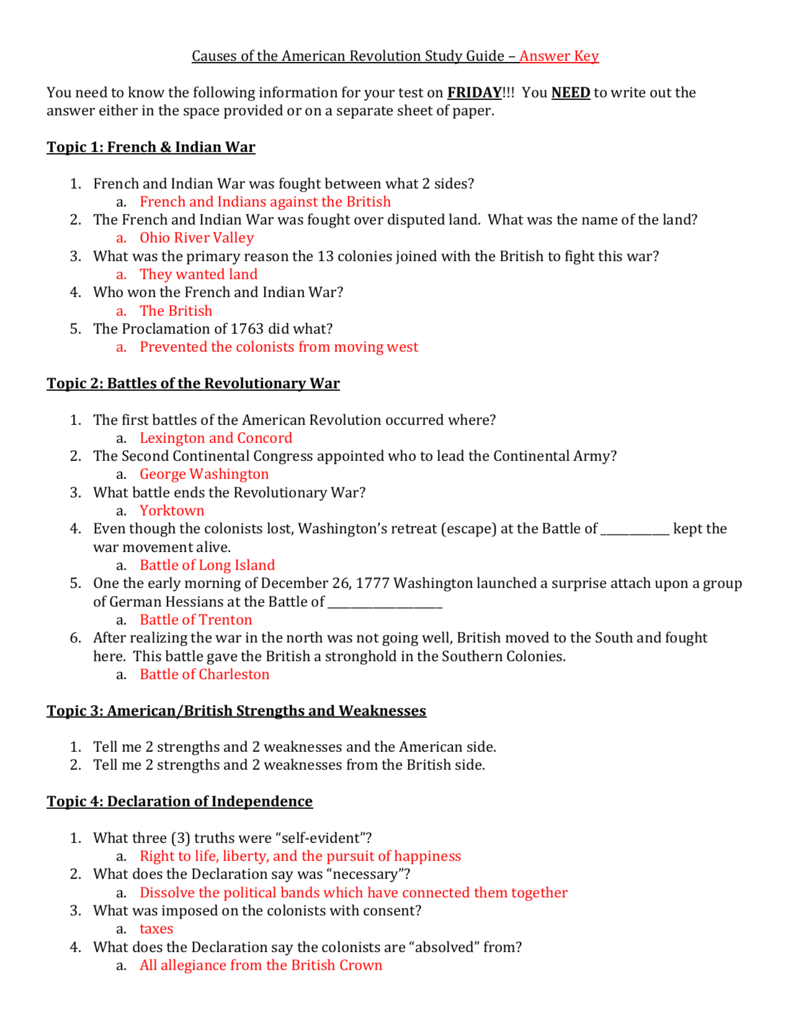 Causes Of The American Revolution Study Guide – Answer Key You