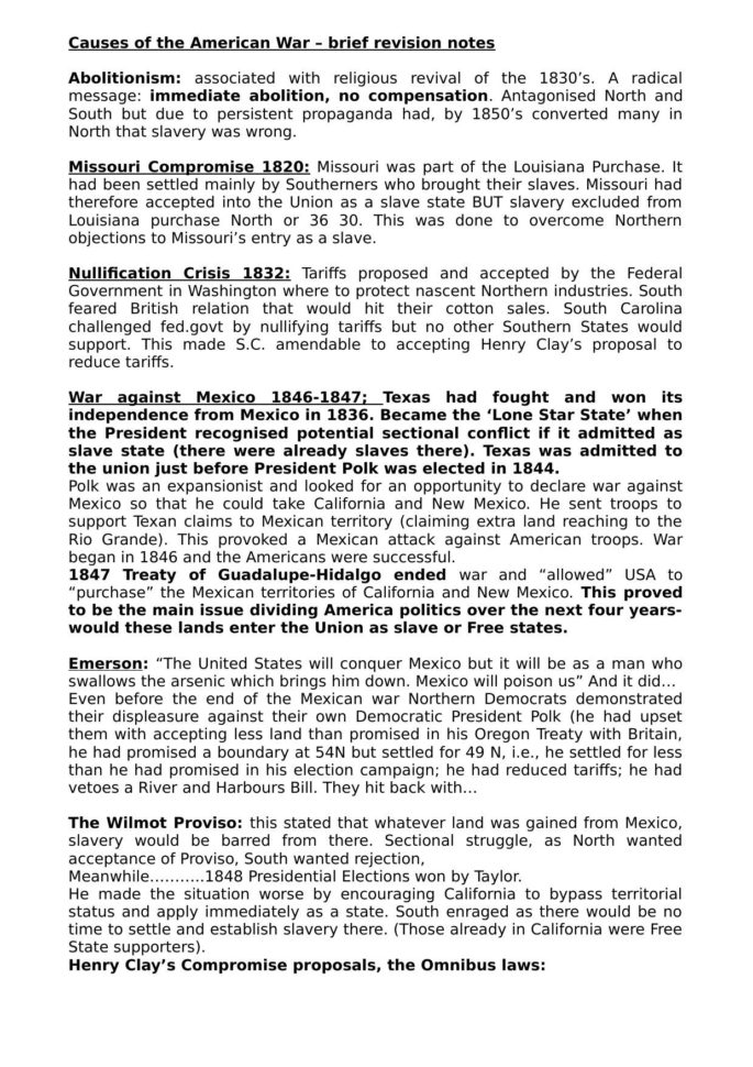 Causes Of Us Civil R Revision Notes  History Resources