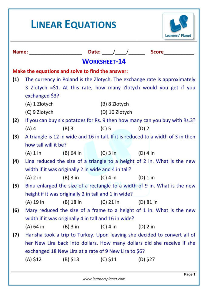 Cbse Class Viii Mathematics Linear Equations Worksheets