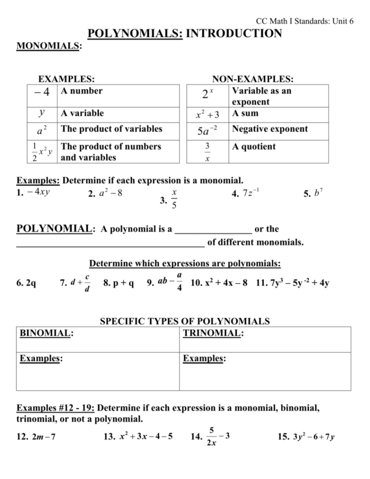 Cc Math I Standards Unit 6 Polynomials Introduction