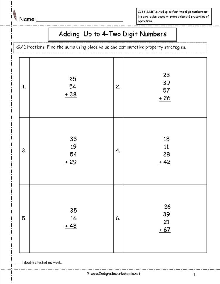 Ccss 2Nbt6 Worksheets Adding Up To Four 2Digit Numbers Worksheets