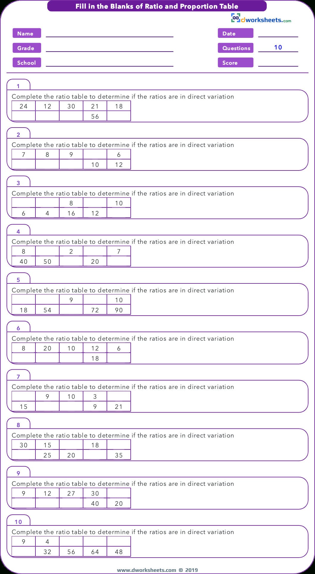 Ccss 6Rpa3A Worksheets With Answers