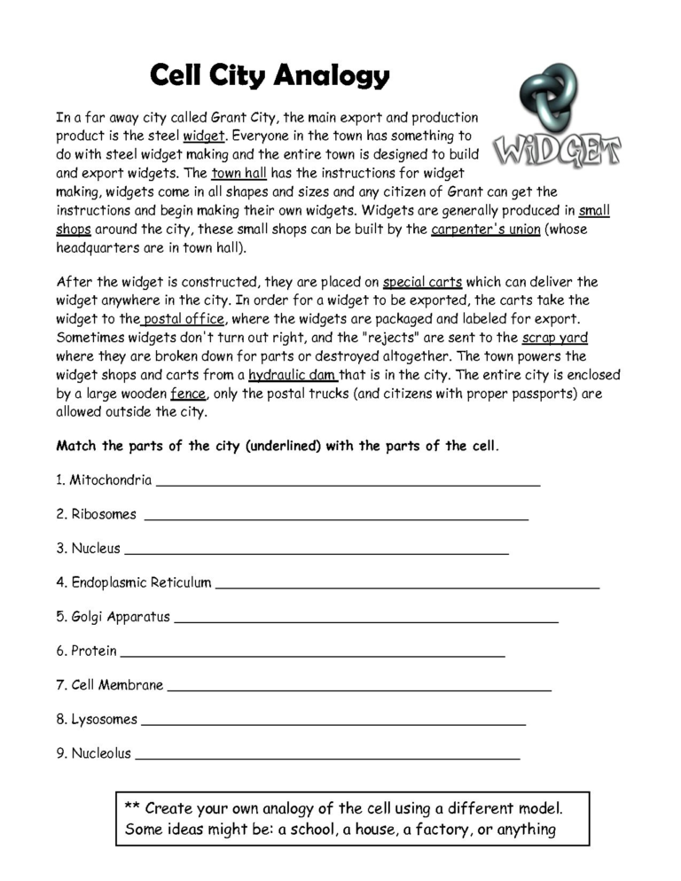 Cell City Analogy Worksheet