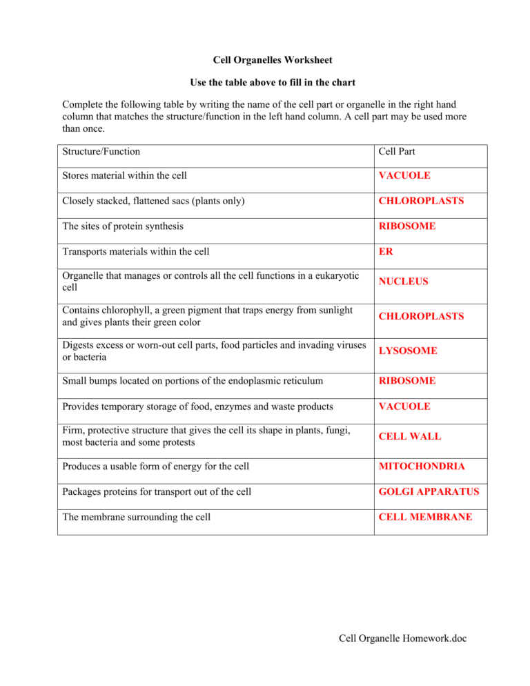 Cell Organelles Worksheet Answers Upnatural