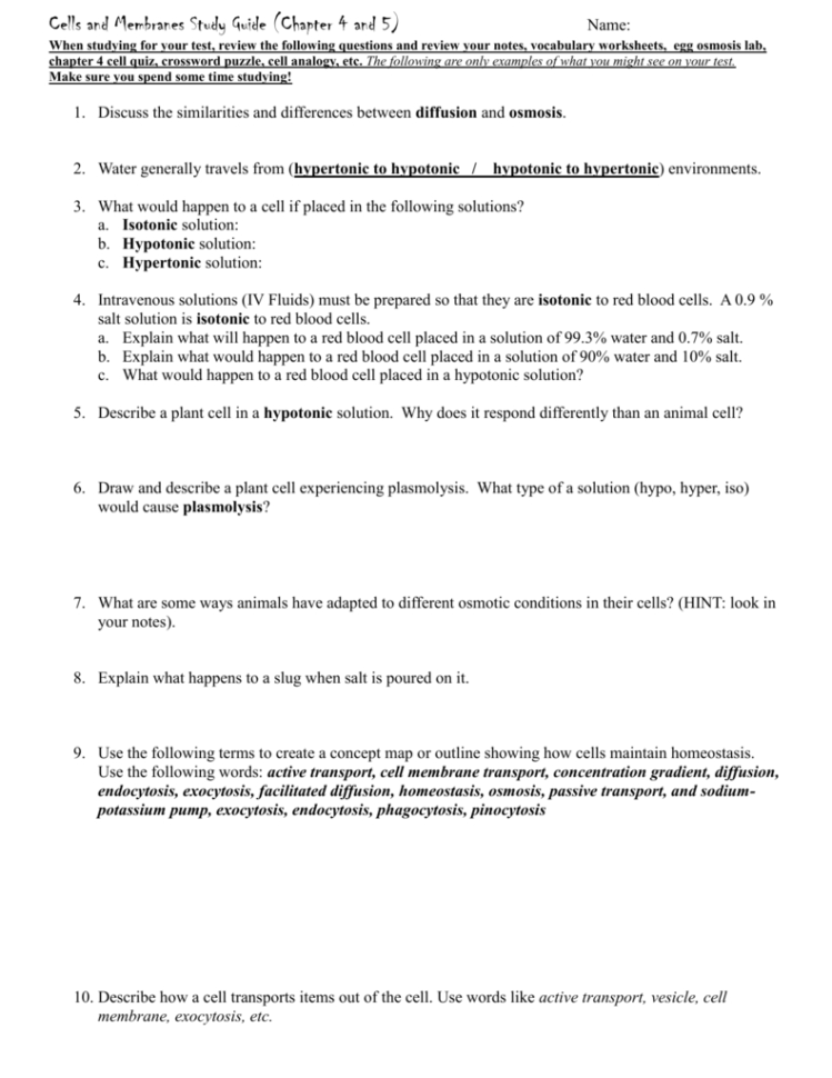 Cell  Passive Transport Worksheet