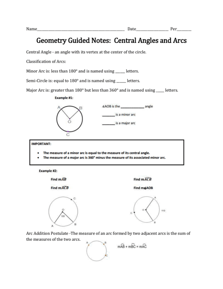 Central Angles And Arcs Guided Notes