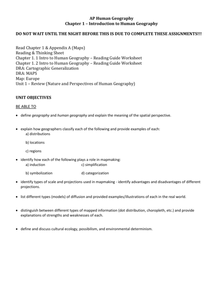 Ch 1  Introduction To Human Geography Homework Packet