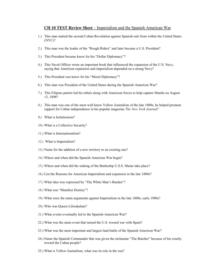 Ch 10 Test Review Sheet – Imperialism And The Spanish American