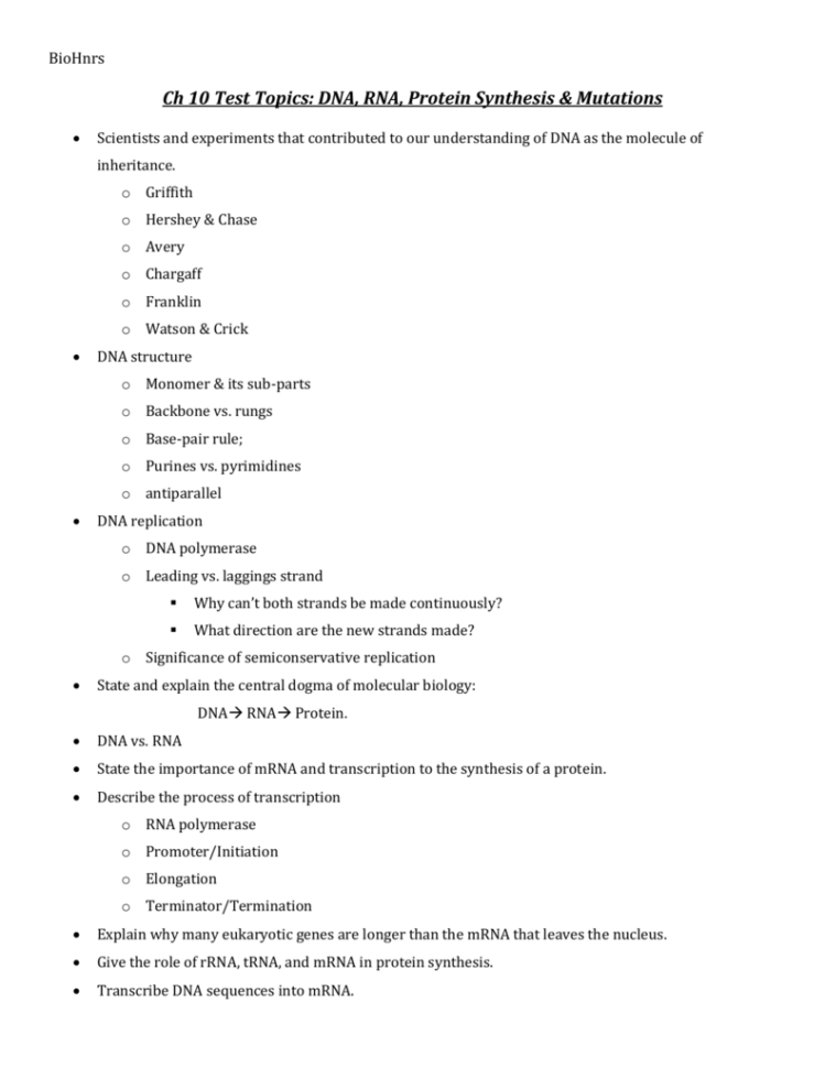 Ch 10 Test Topics Dna Rna Protein Synthesis  Mutations