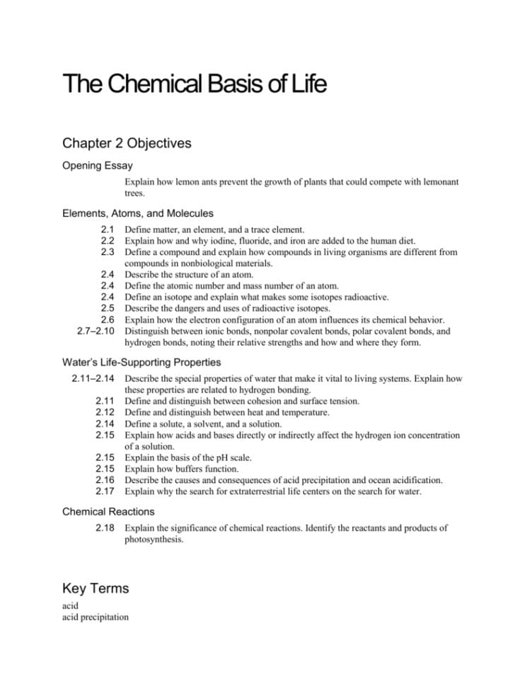 Ch 2 Objectivesthe Chemical Basis Of Life