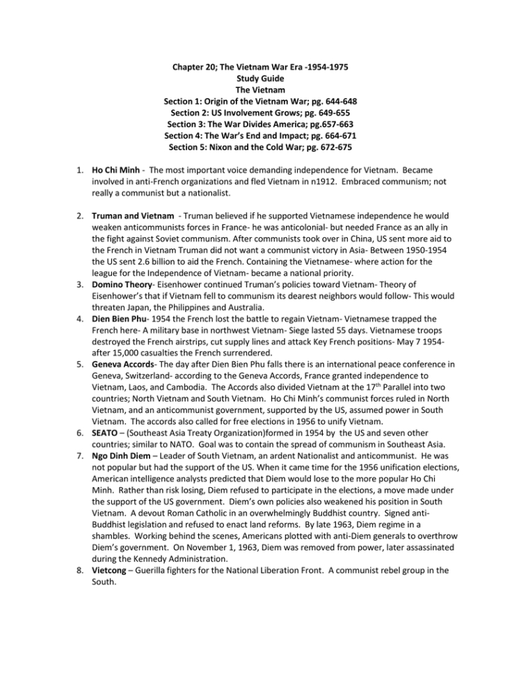 Ch 20 Vietnam R Study Guide Answers