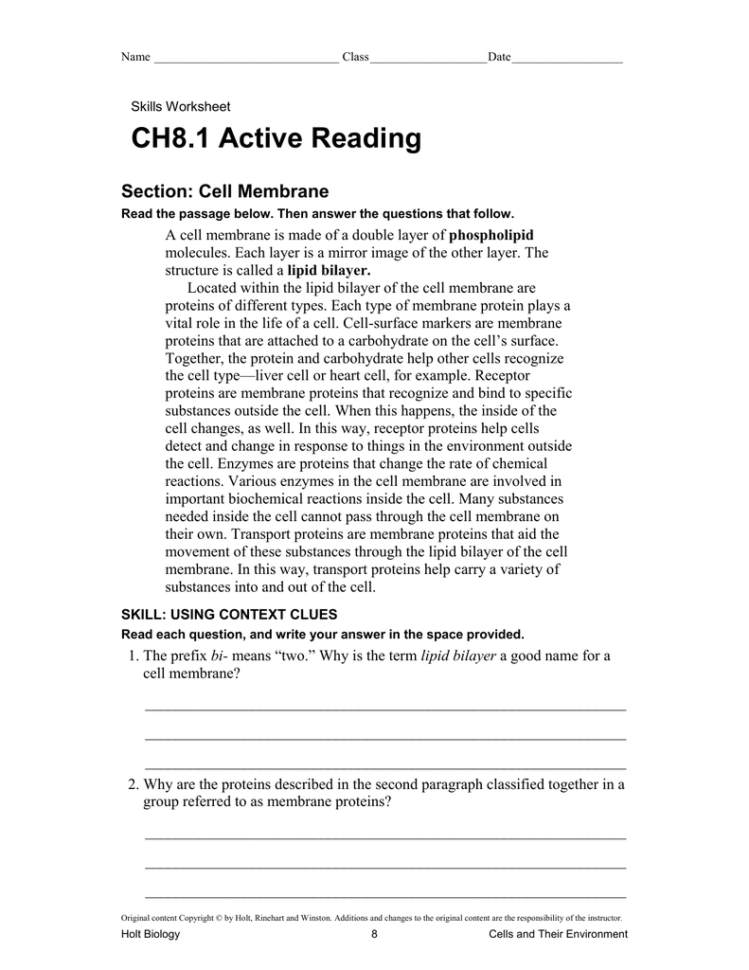 Ch81 Active Reading Section Cell Membrane