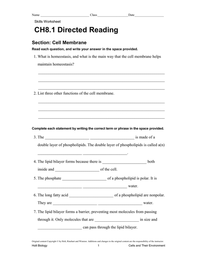 Ch81 Directed Reading Section Cell Membrane
