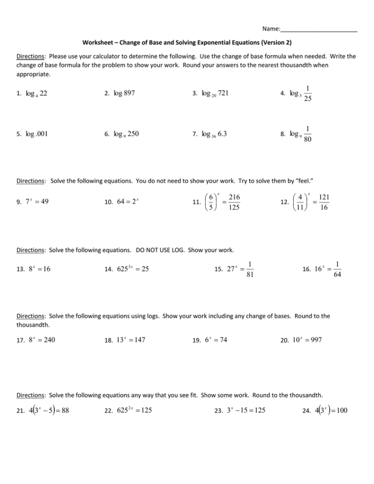 Change Of Base And Solving Exponential Equations Ver 2