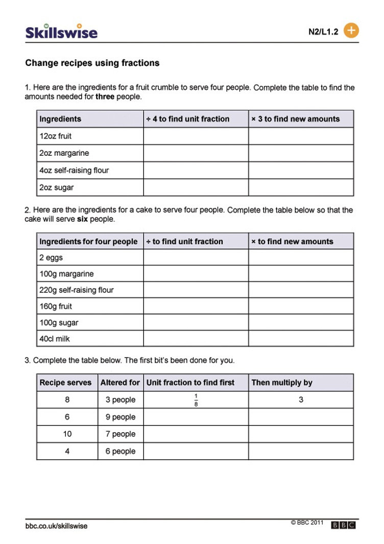 Change Recipes Using Fractions Cooking Math Worksheets
