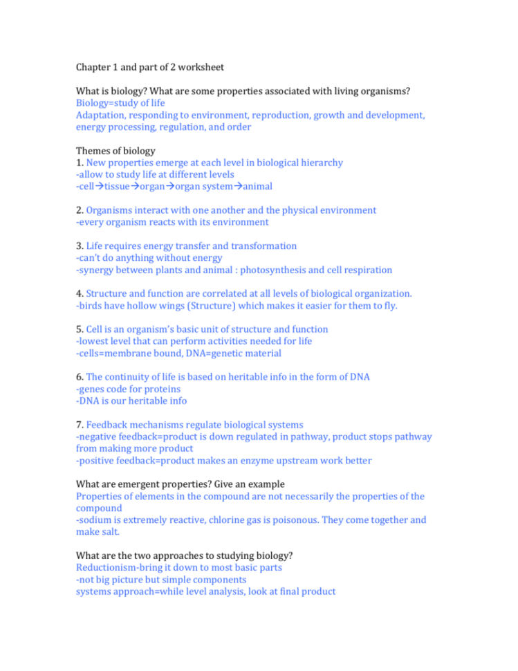 Chapter 1 And Part Of 2 Worksheet What Is Biology What Are Some