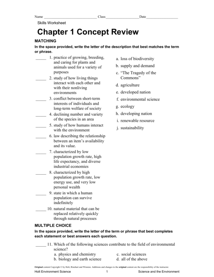 Chapter 1 Concept Review Worksheet