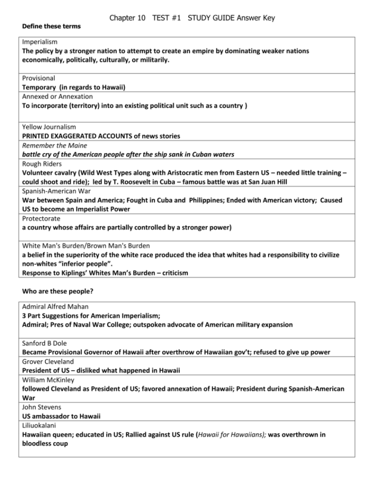 Chapter 10 Test 1 Study Guide Answer Key Define These Terms